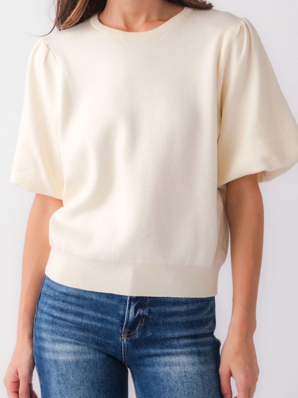 Puff Sleeve Knit Top in Cream - Women's